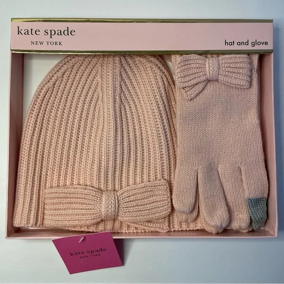 NWT Kate Spade Half Bow Beanie and Glove Set English Rose - Picture 1 of 5
